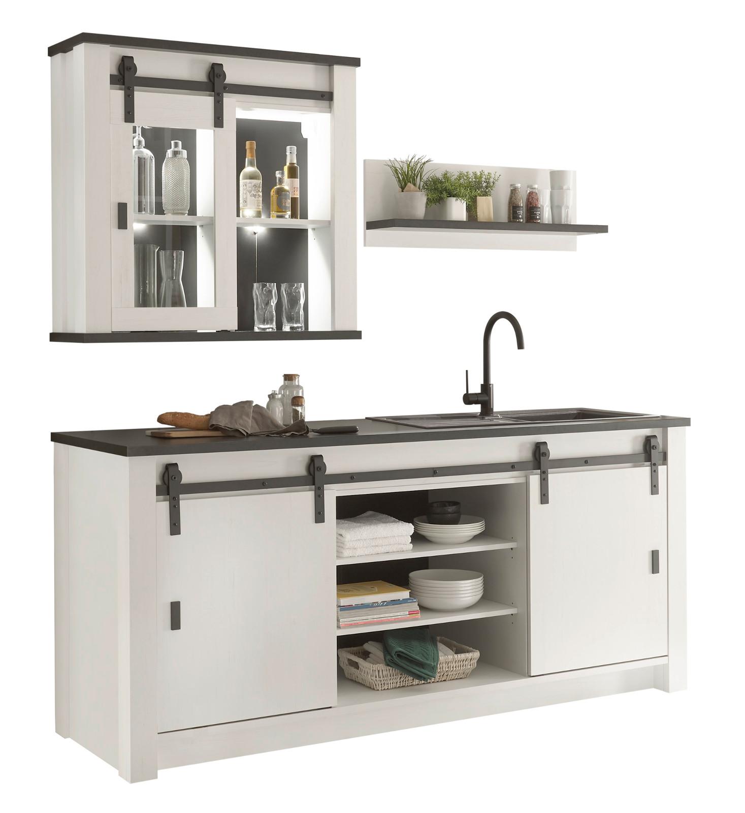 KÜCHEN-SET weiß Pinie, anthrazit 3-teilig, Küchenzeile im Landhaus-Stil - Anthrazit/Schwarz, Glas/Holzwerkstoff (201/93/64cm) - Furn.Design
