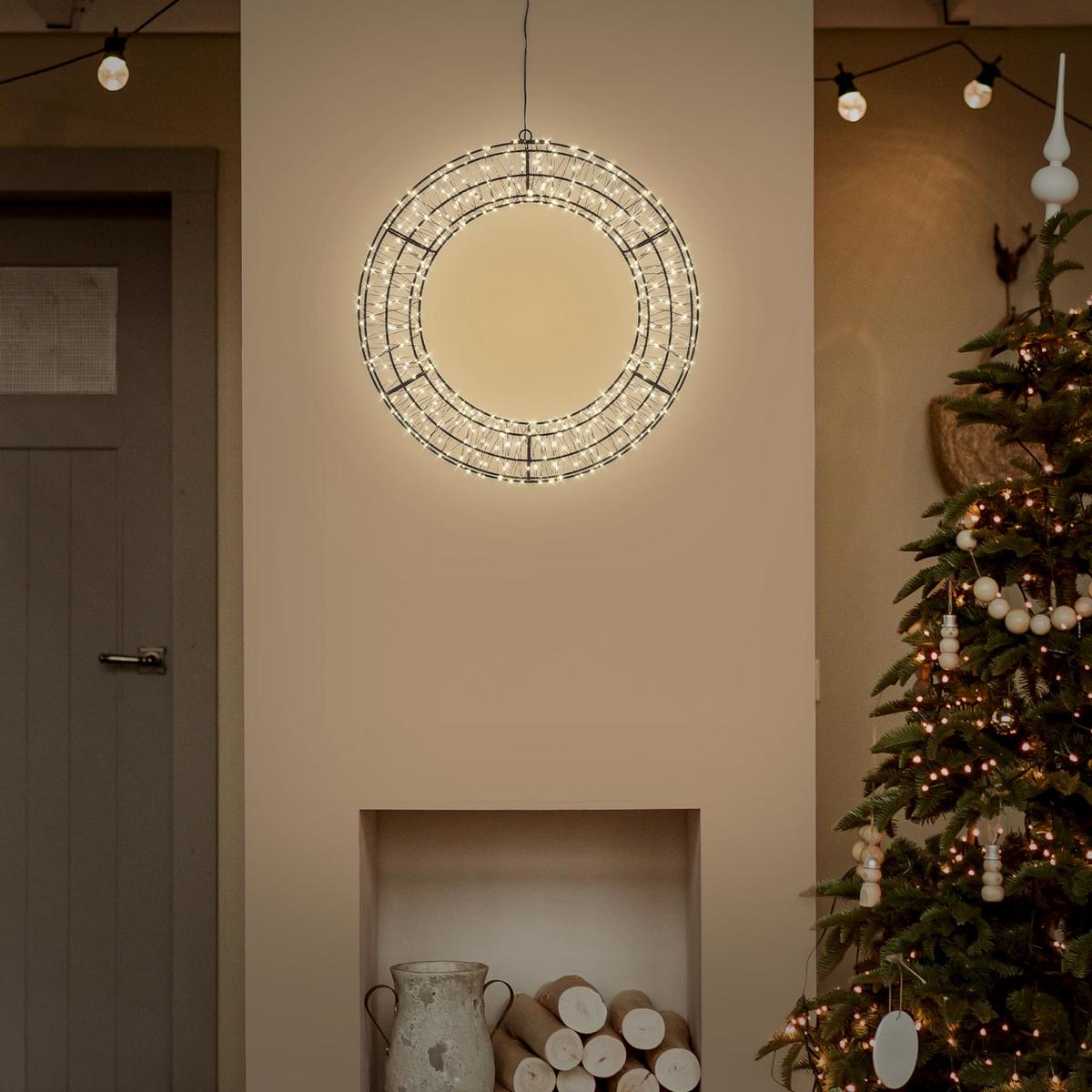 LED WEIHNACHTSKRANZ Ø38 cm Weihnachtsdeko mit Lichterkette Warmweiß Lichterkranz Außen - Schwarz, Metall (38/38/4cm) - ECD-Germany