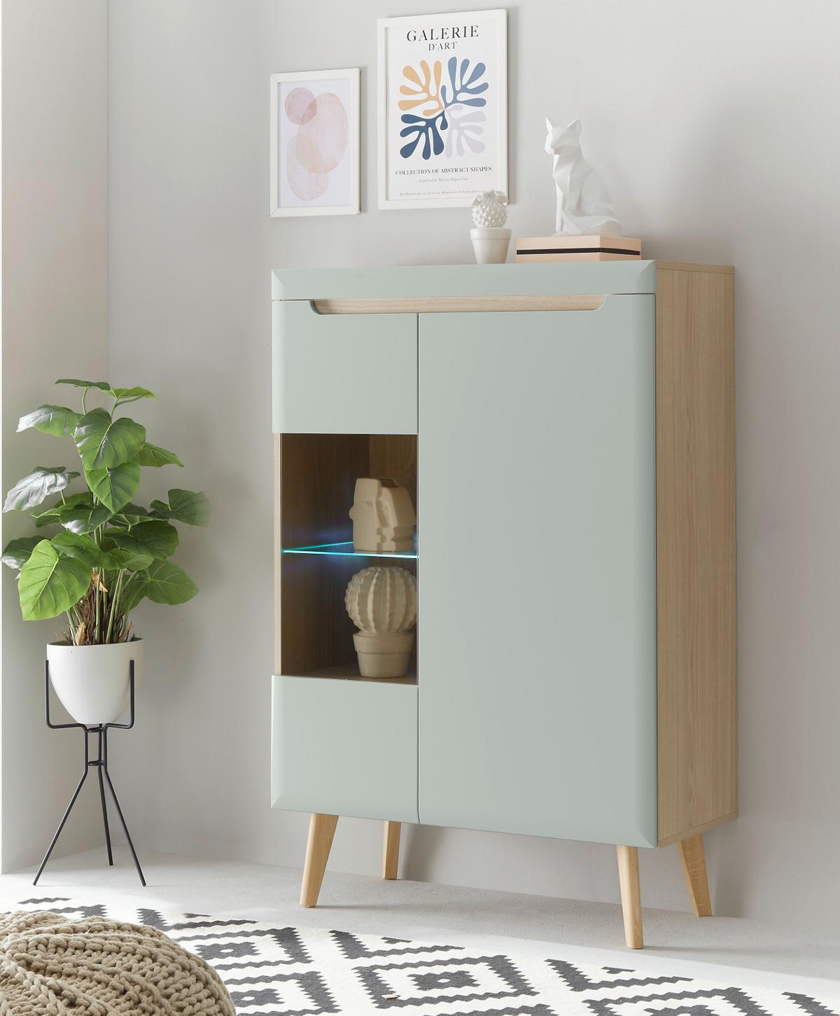 HIGHBOARD Pistazie grün, Eiche, skandinavisch 90 x 134 cm, Vitrine mit Soft-Close-Funktion - Eichefarben/Pastellgrün, Glas/Holz (90/134/40cm) - Furn.Design