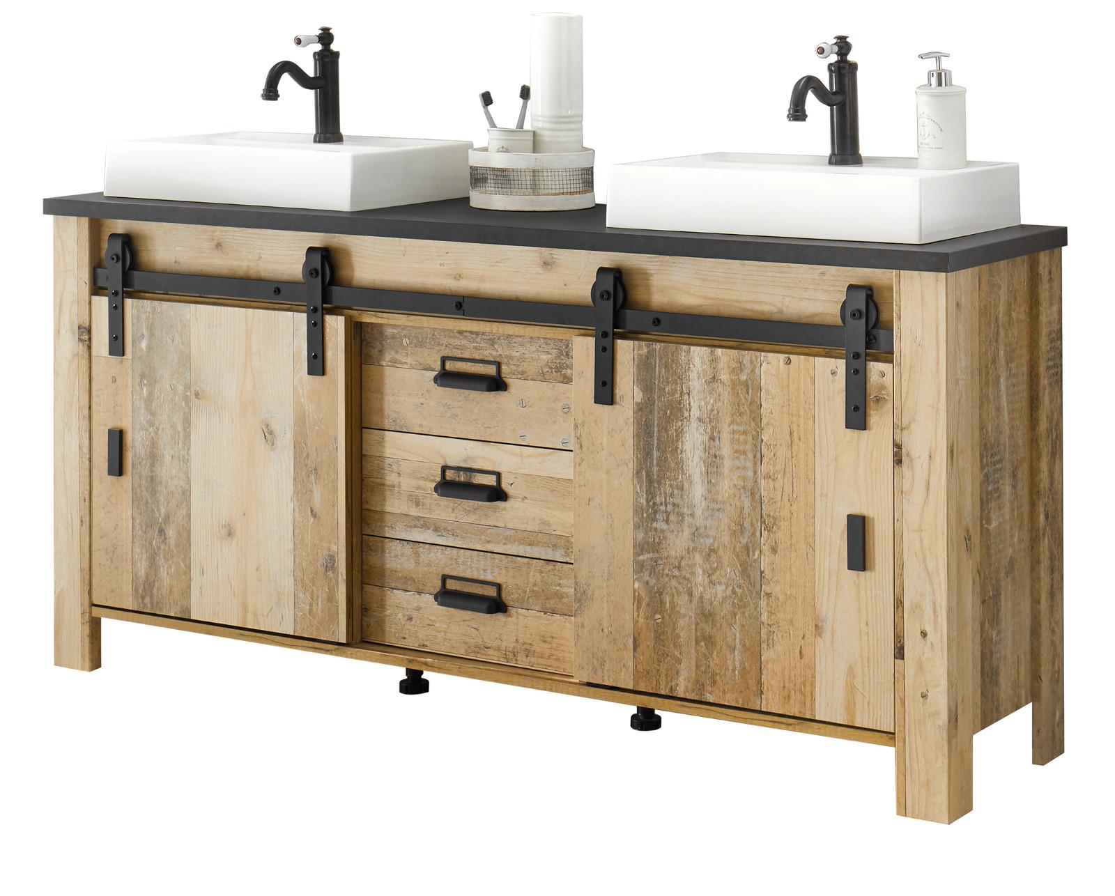DOPPELWASCHTISCH Used Wood hell, anthrazit, Waschtisch Komplett-Set inkl. 2x Waschbecken, 164 cm - Eichefarben/Anthrazit, Holz/Holzwerkstoff (164/81/43cm) - Furn.Design