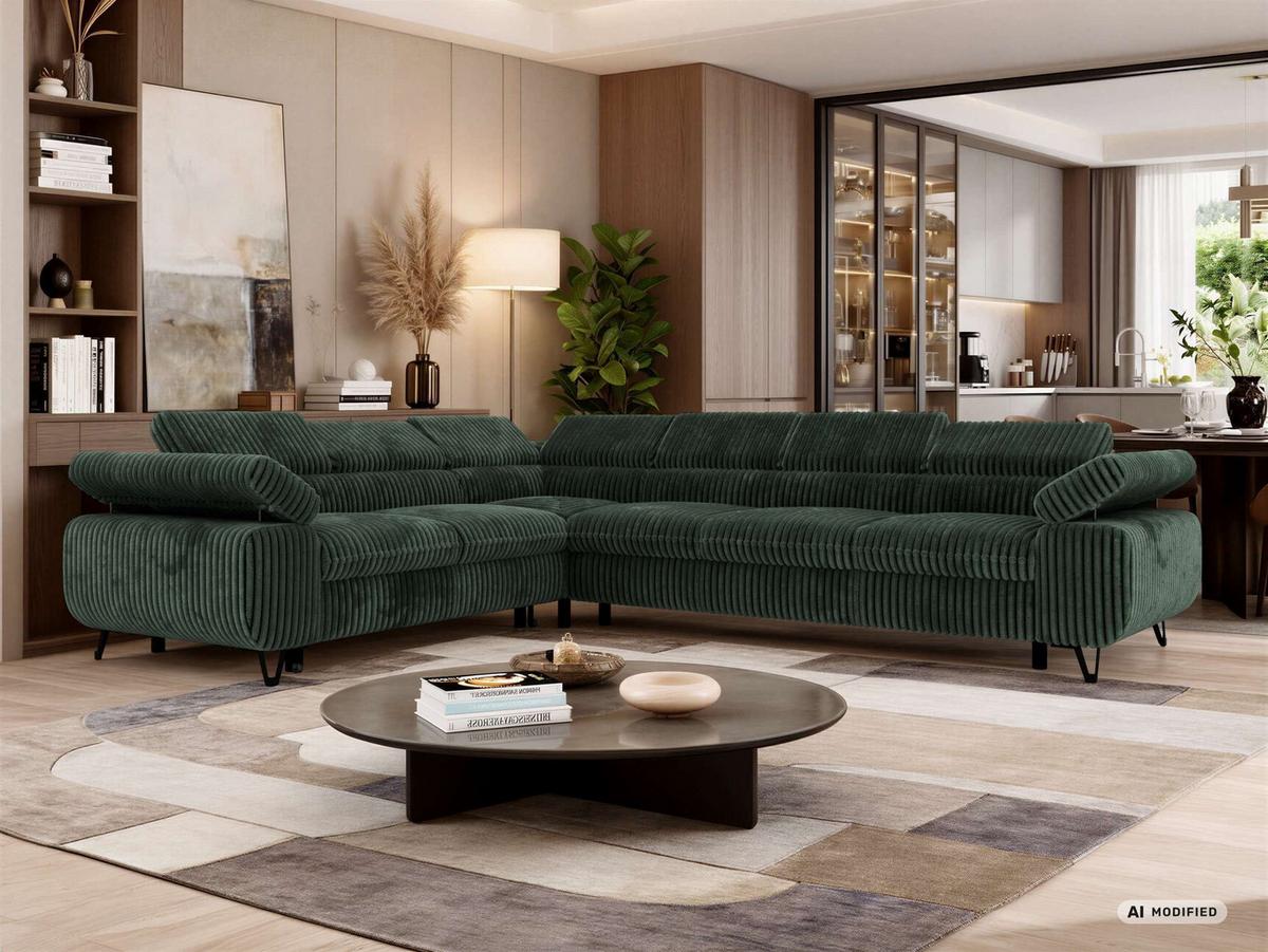 ECKSOFA NORDEN L - Dunkelgrün Cord - Rechts Seite - Dunkelgrün/Schwarz, Textil/Metall (329/269cm) - MKS