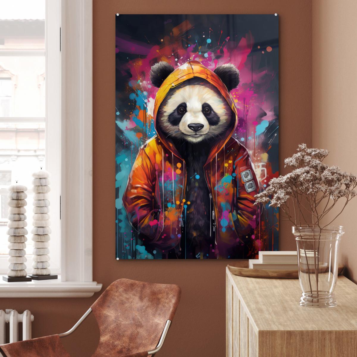 ACRYLGLASBILD Panda - Jacke - Graffiti - Orange 80x120 cm - Orange, Glas (80/120cm) - MuchoWow