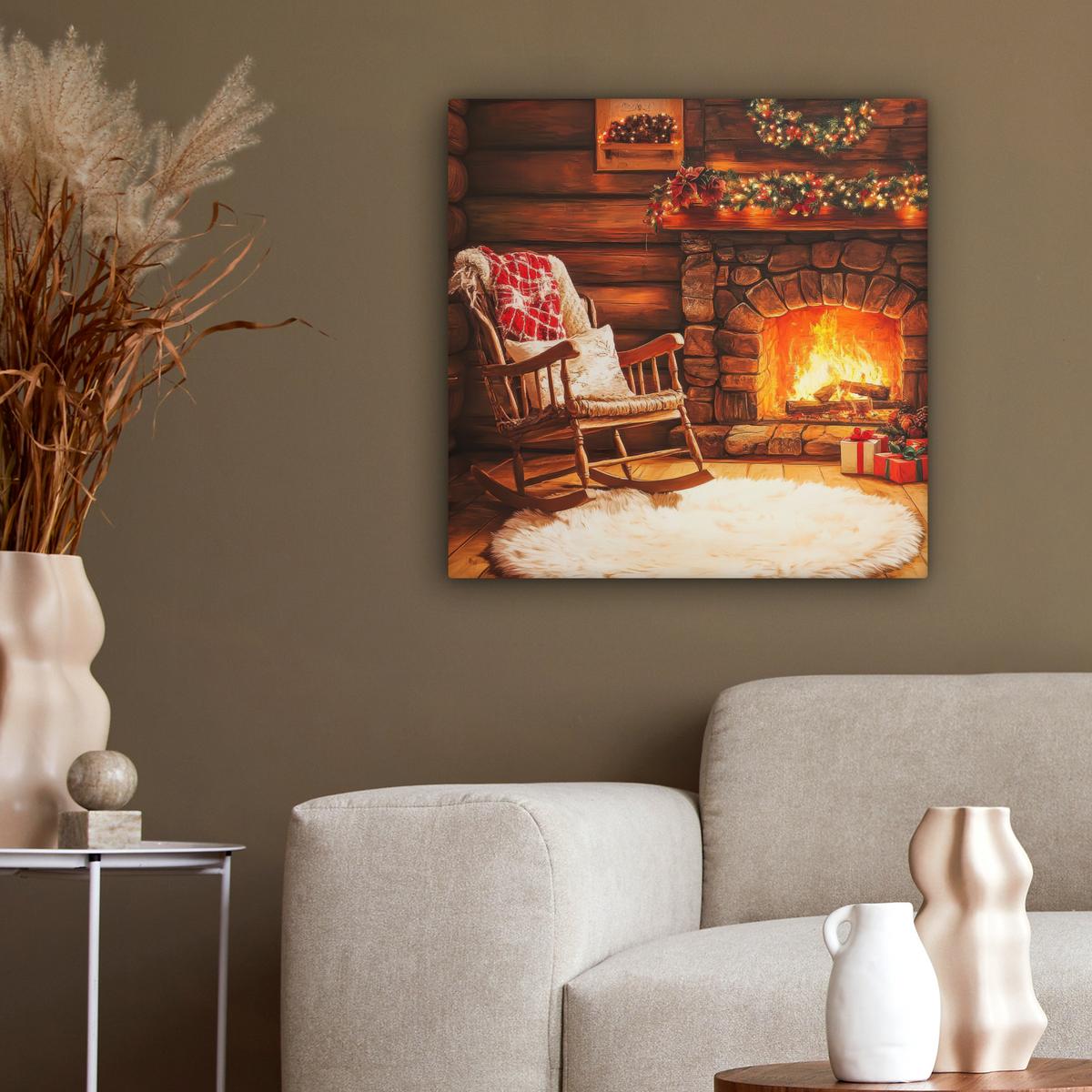 LEINWANDBILD Winter - Weihnachten - Zuhause - Kamin Wandbild Wohnzimmer 50x50 cm - Bernsteinfarben, Textil (50/50cm) - MuchoWow