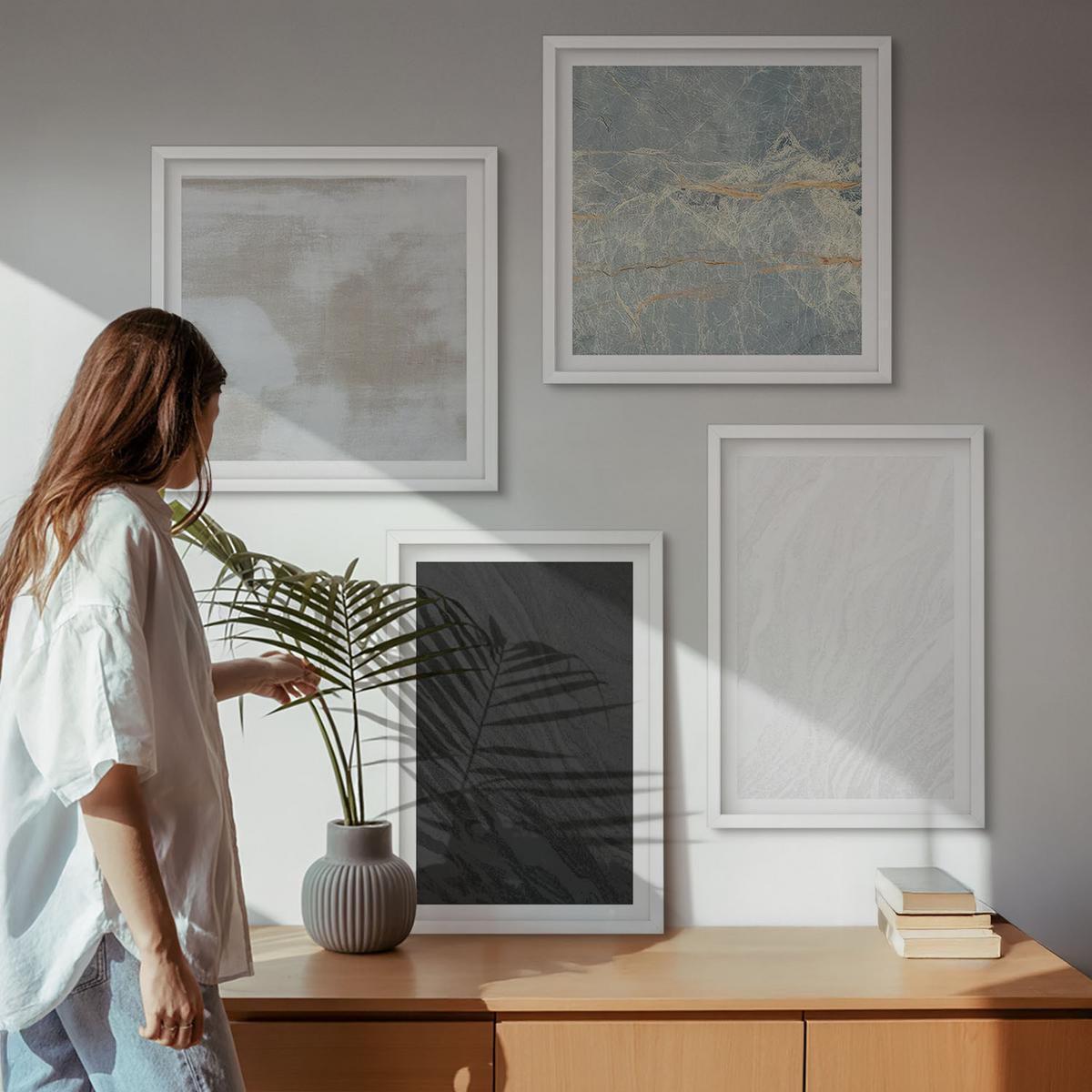 BILDER SET 4er Set - 50x50 cm & 40x60 cm Weißer Rahmen - Steintexturen - Weiß, Kunststoff (50/50cm) - TULUP