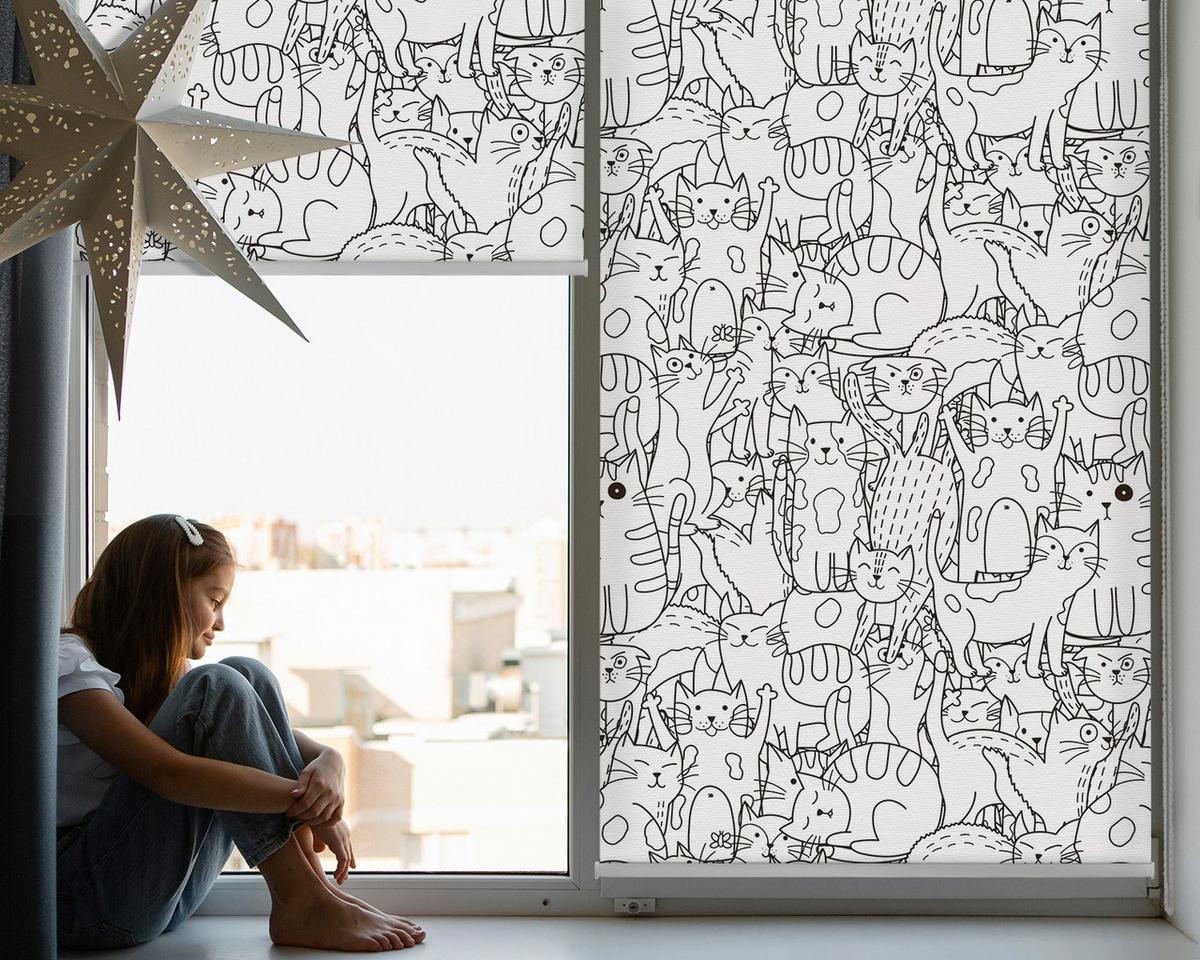 INNENROLLO - Fensterrollo - Rollo - 130x140 cm - Gezeichnete Katzen - Grau, Kunststoff (130/140/0.5cm) - TULUP