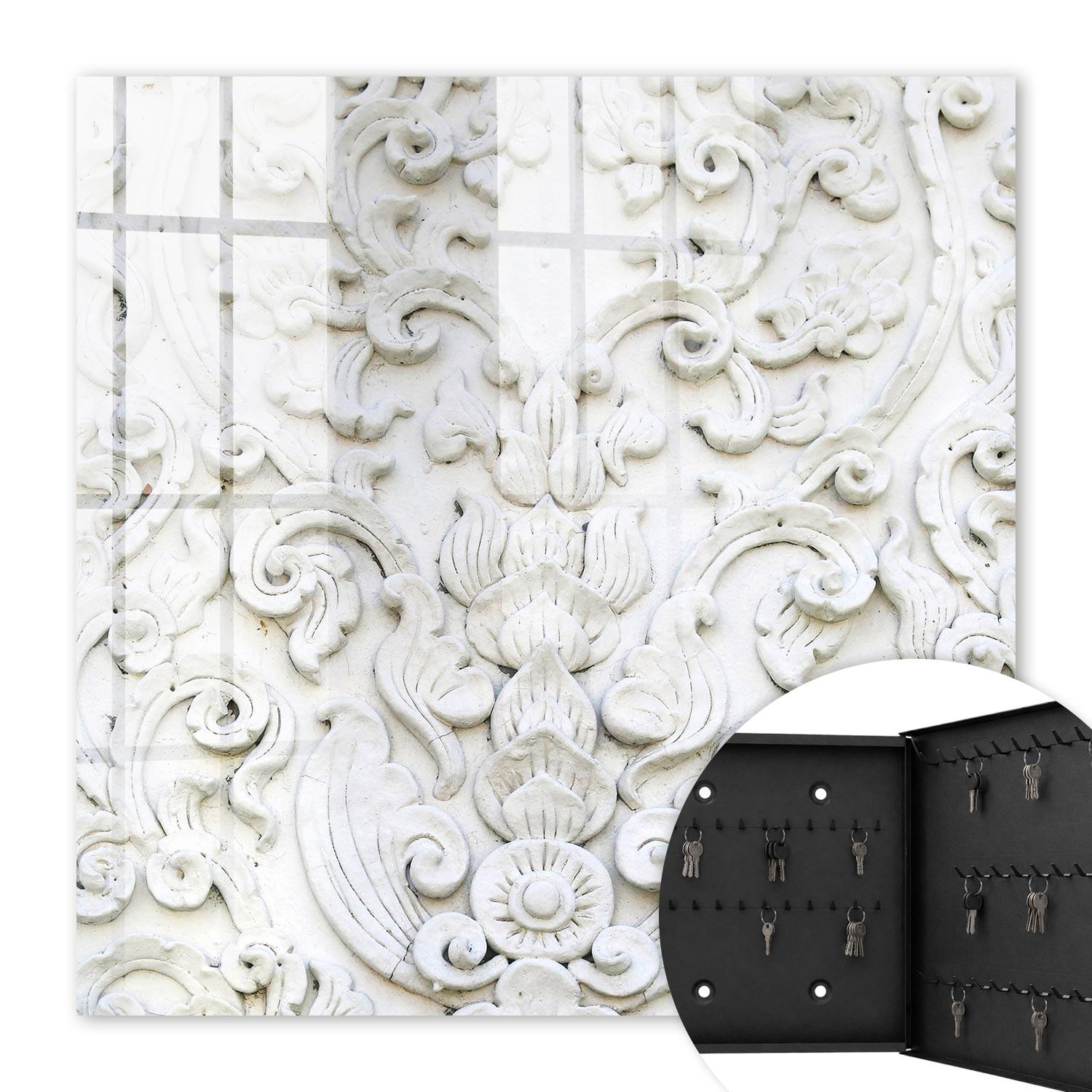 SCHLÜSSELBOX Schwarz 30x30 cm- Türöffnung nach rechts - Weiße Ornamente - Weiß, Metall (30/30/5cm) - TULUP