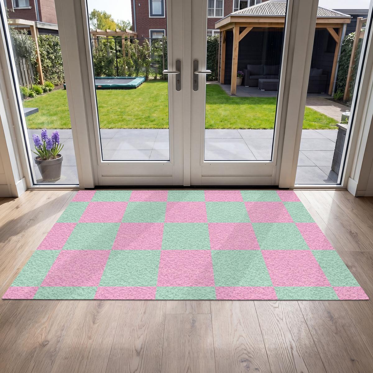 FUSSMATTE Schachbrettmuster - Grün - Rosa - Würfel Fußabtreter 180x120 cm - Mintgrün, Kunststoff (180/0.4cm) - MuchoWow
