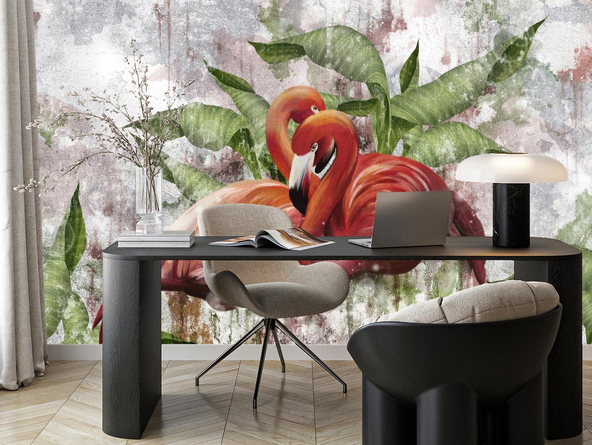 FOTOTAPETE für Schlafzimmer Abstrakte Flamingos Beton Tropische Blätter Palmen Natur 500x350 - Multicolor, Papier (500/350cm) - Muralo