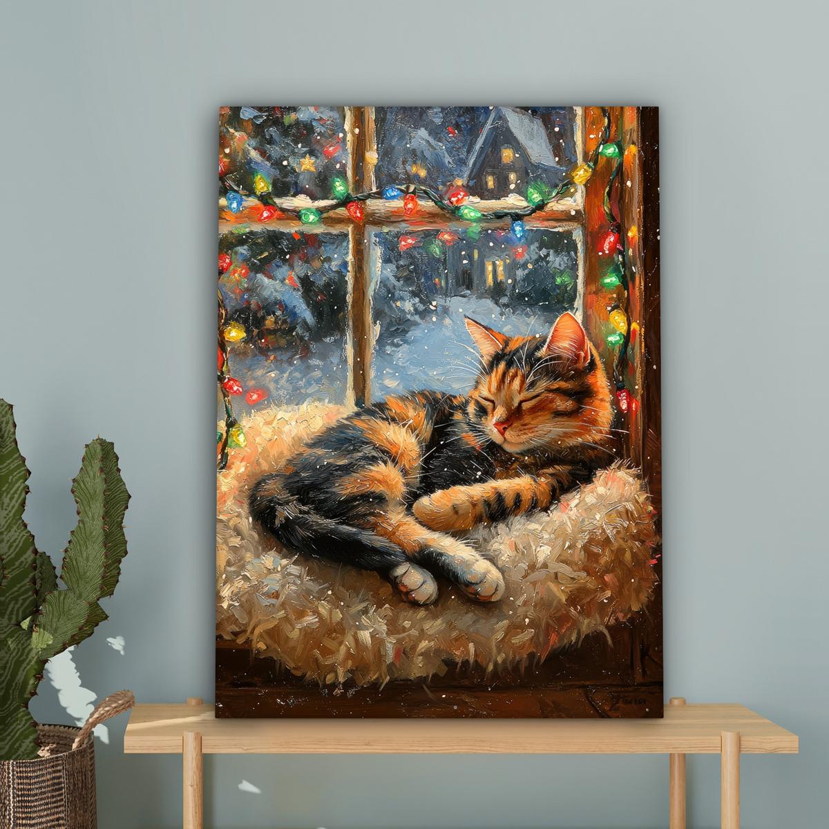 LEINWANDBILD Katze - Weihnachten - Winter - Tier Wandbild Wohnzimmer 60x80 cm - Bernsteinfarben, Textil (60/80cm) - MuchoWow