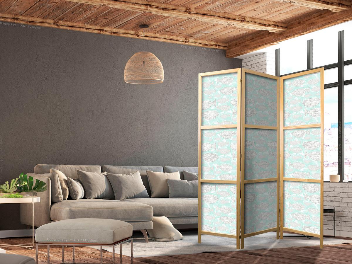 PARAVENT Japanischer 3-tlg 135x172 cm Gepunktete Fische - Grau, Holz/Textil (135/172/3cm) - Muralo