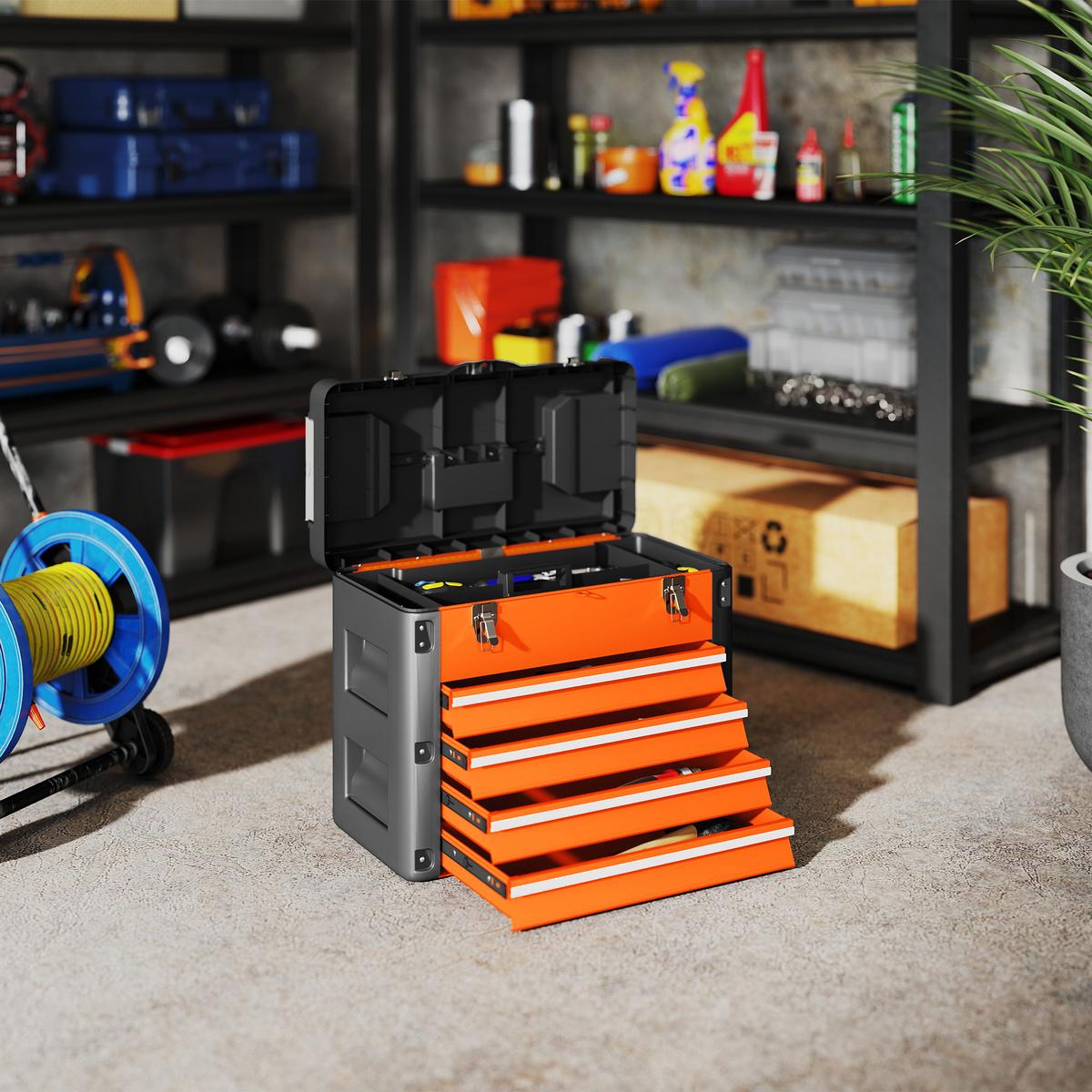WERKZEUGKISTE leer, 49,7 x 25,3 x 40,7 cm Werkzeugkasten mit 4 Schubladen - Orange, Metall (25.3/40.7/49.7cm) - HOMCOM