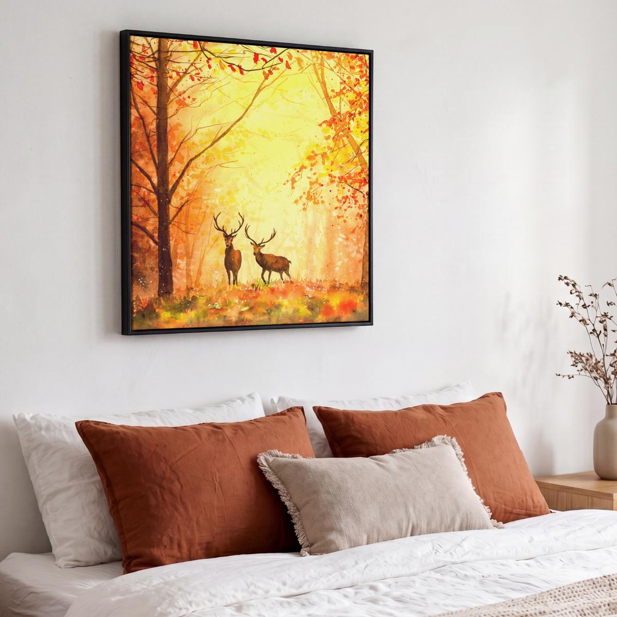 LEINWAND Bilder mit Rahmen - Natur - Ölfarbe - Hirsche - Tiere - Herbst - Orange - 50x50 - Orange, Textil (50/50cm) - MuchoWow