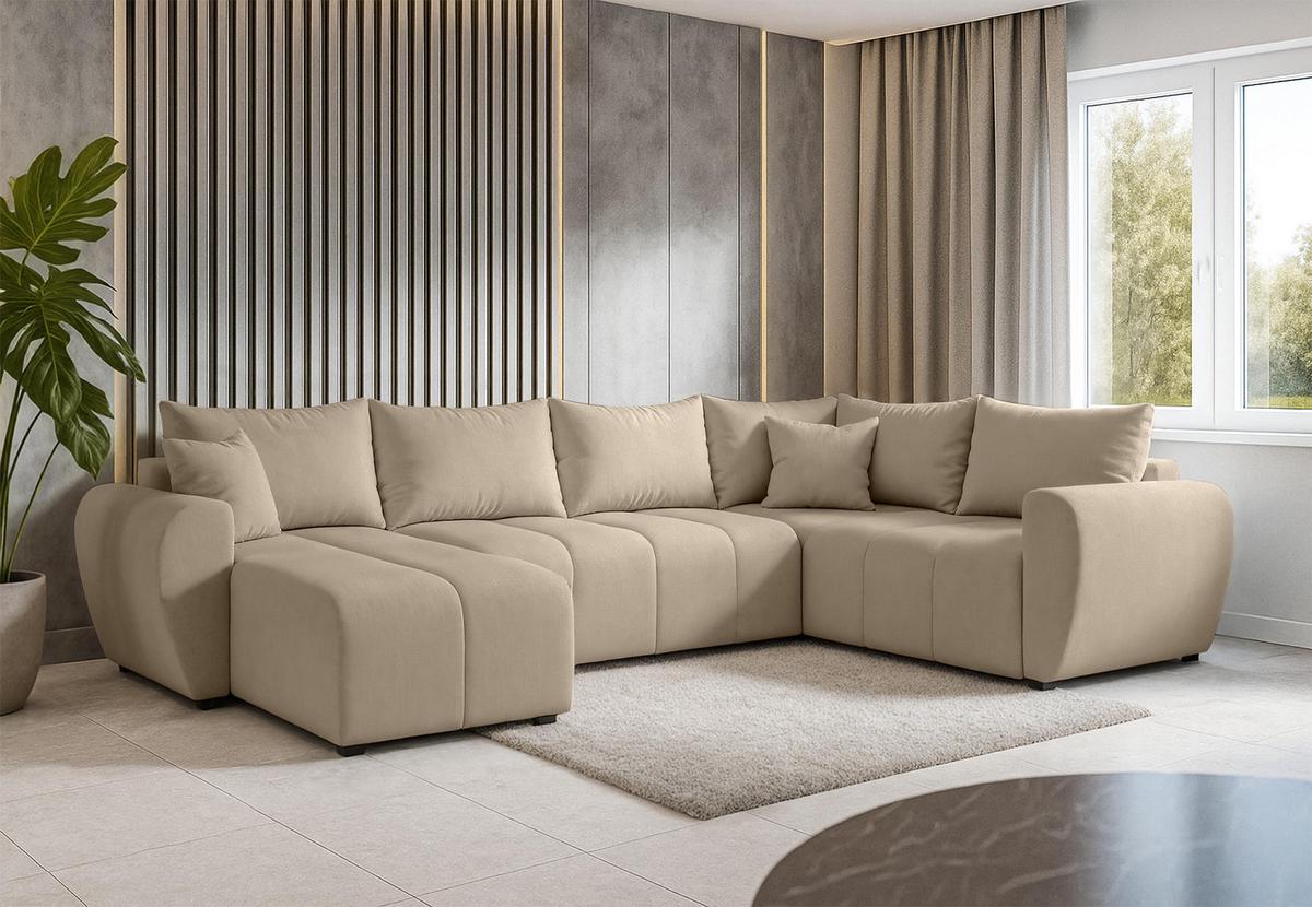 WOHNLANDSCHAFT Malatya U Form MAX Hellbraun 311/145/80 cm mit Schlaffunktion - Hellbraun/Schwarz, Kunststoff/Textil (208/80/303cm) - AX Living