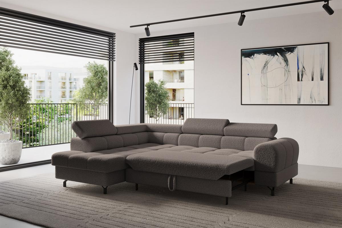 ECKSOFA mit Schlaffunktion Ottomane Links LUMA-L 272x203x70 Braun Bouclé - Dunkelbraun/Schwarz, Holzwerkstoff/Kunststoff (272/203cm) - ALTDECOR