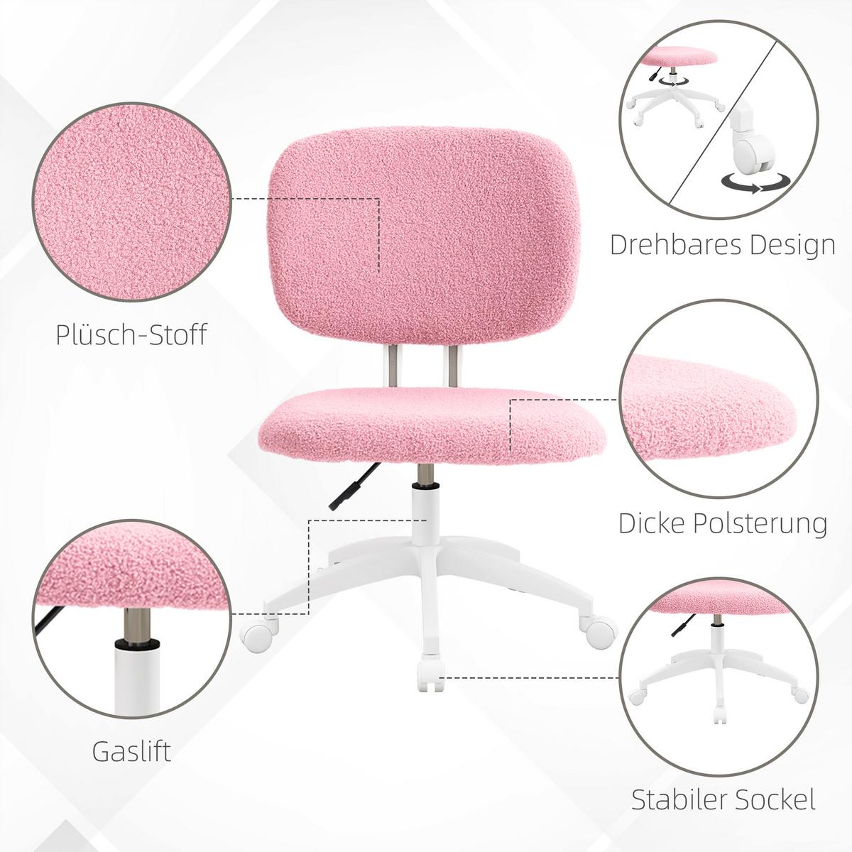 BÜROSTUHL, Ergonomischer Schreibtischstuhl, Höhenverstellbarer Computerstuhl - Rosa, Kunststoff (53/90/48cm) - Vinsetto