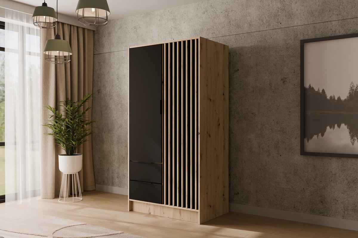 KLEIDERSCHRANK NELIA - 120 cm - Schwarz/Eiche Artisan, Holzwerkstoff (102/200/51cm) - ALTDECOR