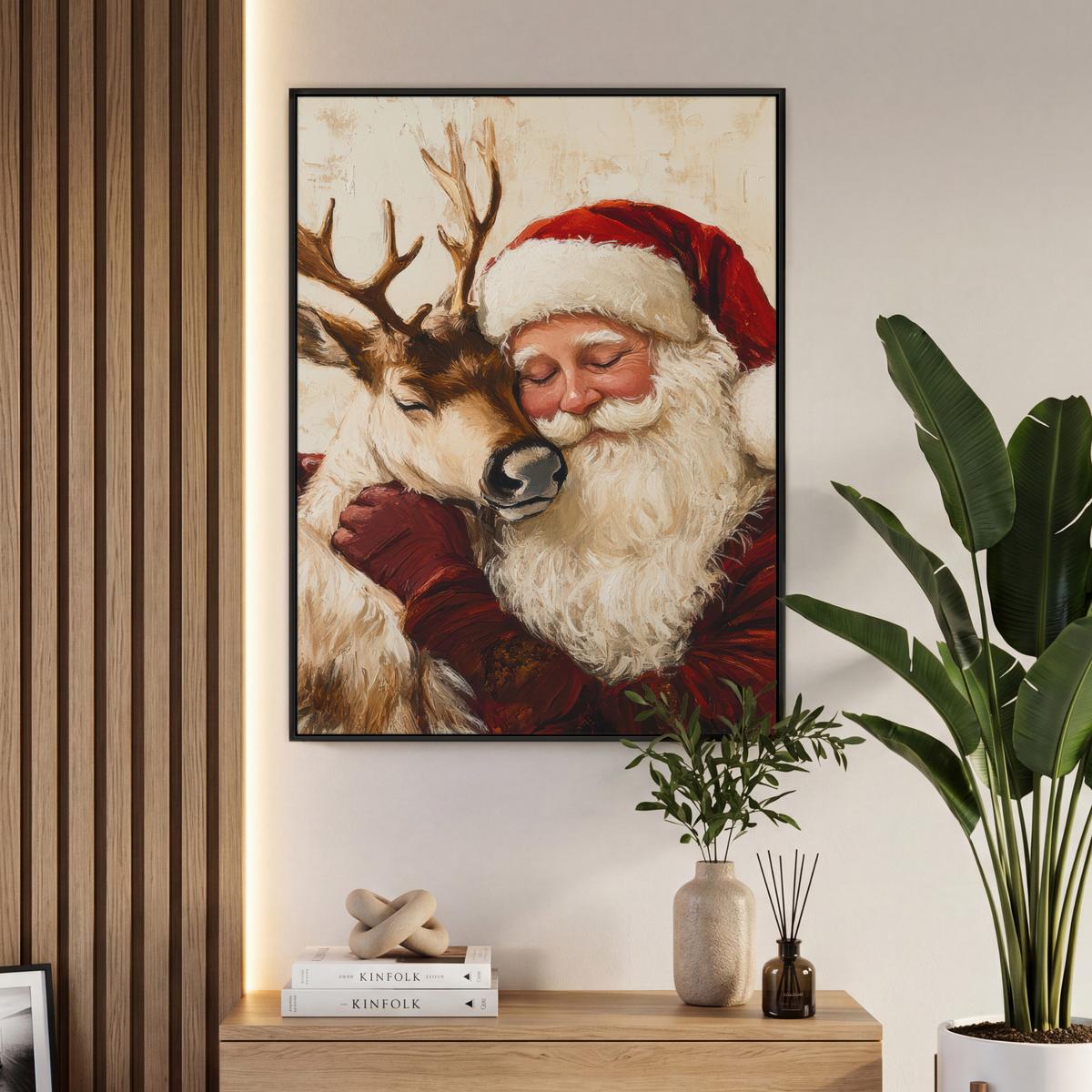 LEINWAND Bilder mit Rahmen - Weihnachtsmann - Rentier - Weihnachten - 70x100 - Rotbraun, Textil (70/100cm) - MuchoWow