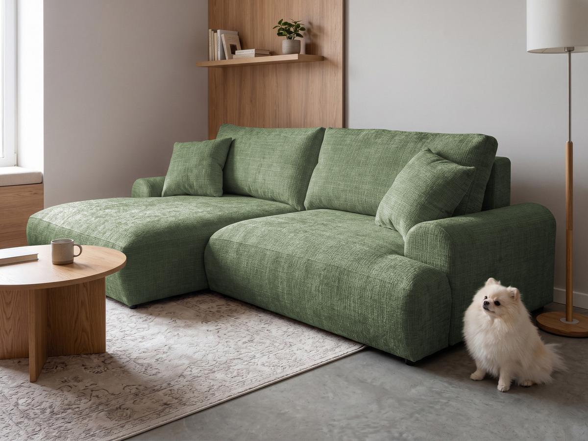 ECKSOFA Melvano mit Schlaffunktion und Bettkasten im Japandi-Stil aus weichem Grün Chenille-Stoff - Schwarz/Grün, Holz/Kunststoff (145/240cm) - S-Style