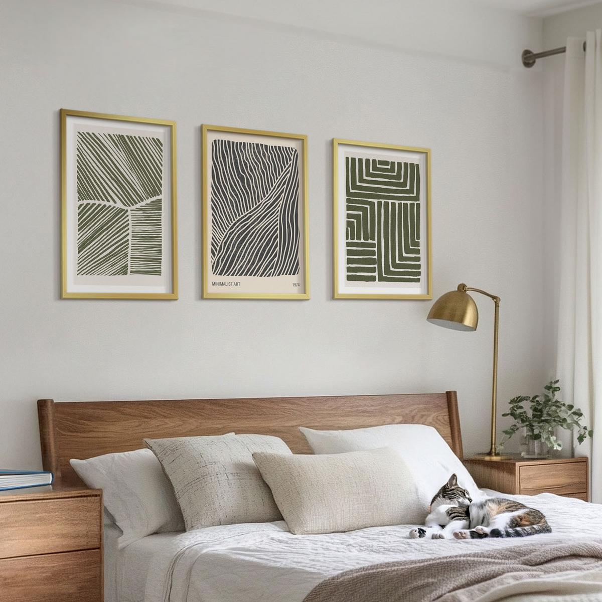 BILDER SET 3er Set - 40x60 cm Goldrahmen - Muster Linien Formen grün - Goldfarben, Kunststoff (40/60cm) - TULUP