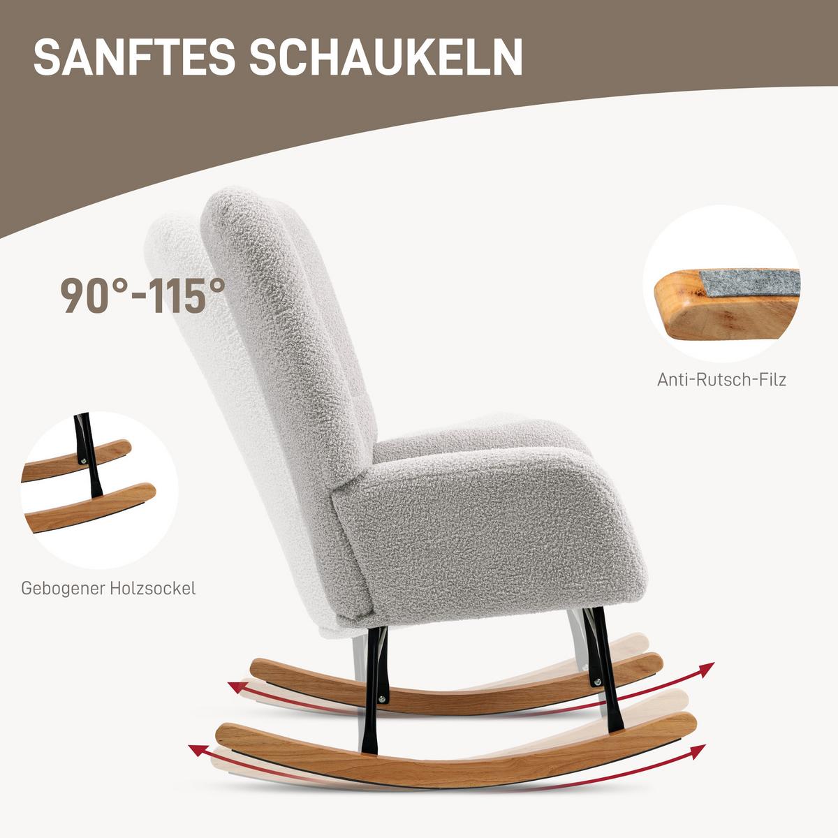 SCHAUKELSTUHL, Schaukelsessel mit Armlehne, Teddysamt-Optik, Hellgrau - Hellgrau/Naturfarben, Holz/Textil (70/100/94cm) - HOMCOM