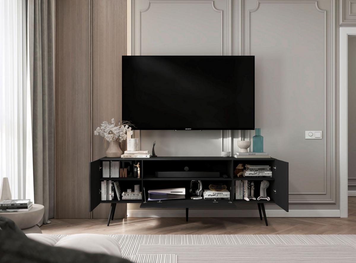 TV-SCHRANK Elpis Schwarz Matt mit Metallbeine Glamour 150 cm - Schwarz, Holzwerkstoff/Metall (150/60.5/36.5cm) - Meble Lindner