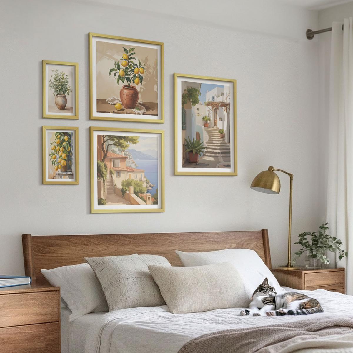 BILDER SET 5er Set - 50x50 cm & 20x30 cm & 40x60 cm Goldrahmen - Blumen in einer Vase, ein Meer aus Zitronen - Goldfarben, Kunststoff (40/60cm) - TULUP