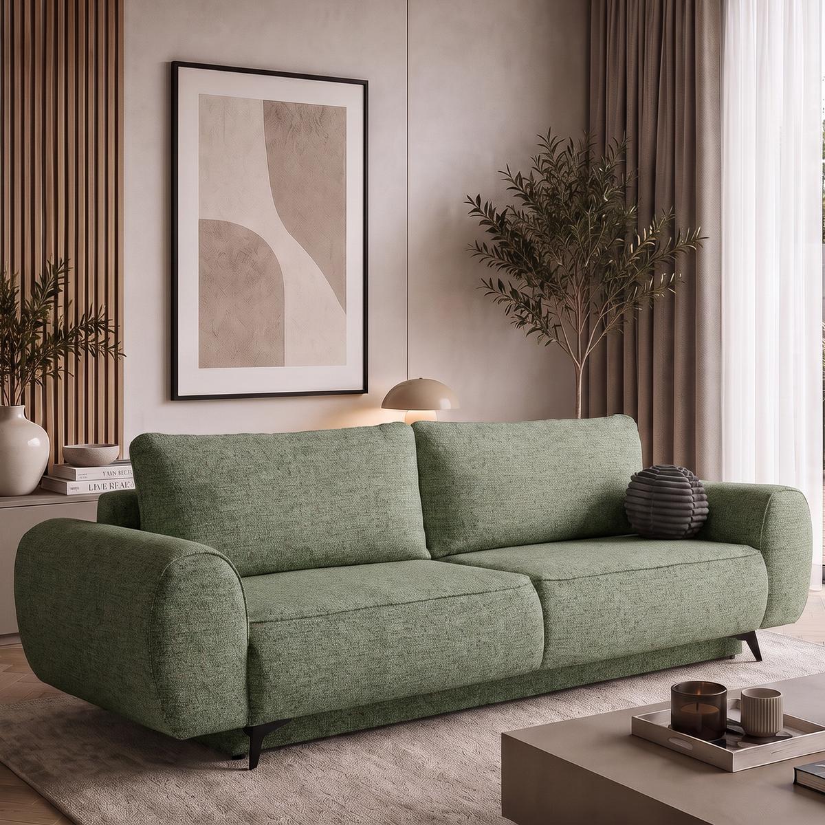 SCHLAFSOFA Vito 3-Sitzer mit Bettkasten, DL-System, Chenille-Stoff, Grün - Schwarz/Grün, Textil (256/90/99cm) - Beautysofa