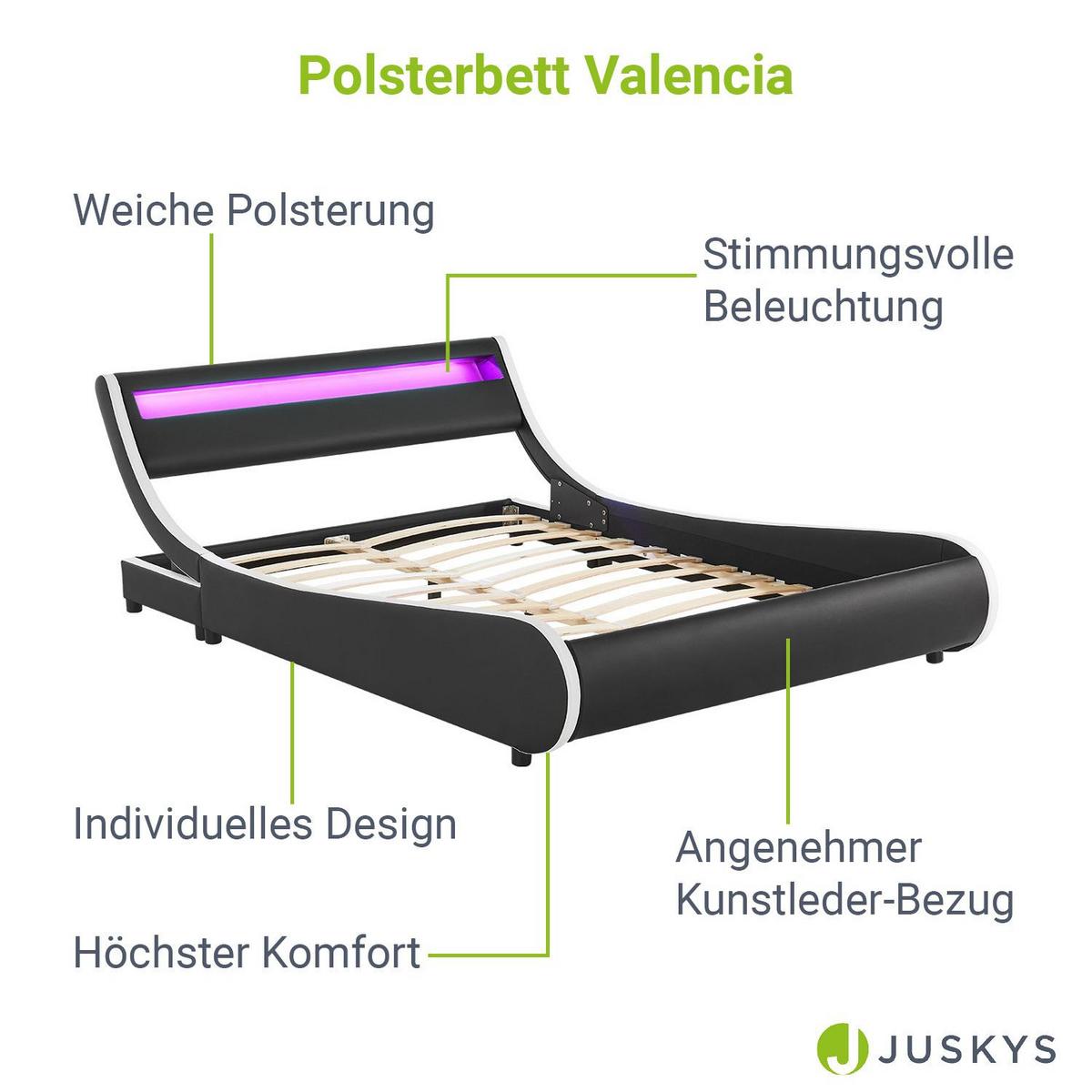 POLSTERBETT Valencia schwarz 140x200cm mit Matratze und LED (16 Farben) - Schwarz, Textil (140/200cm) - Juskys