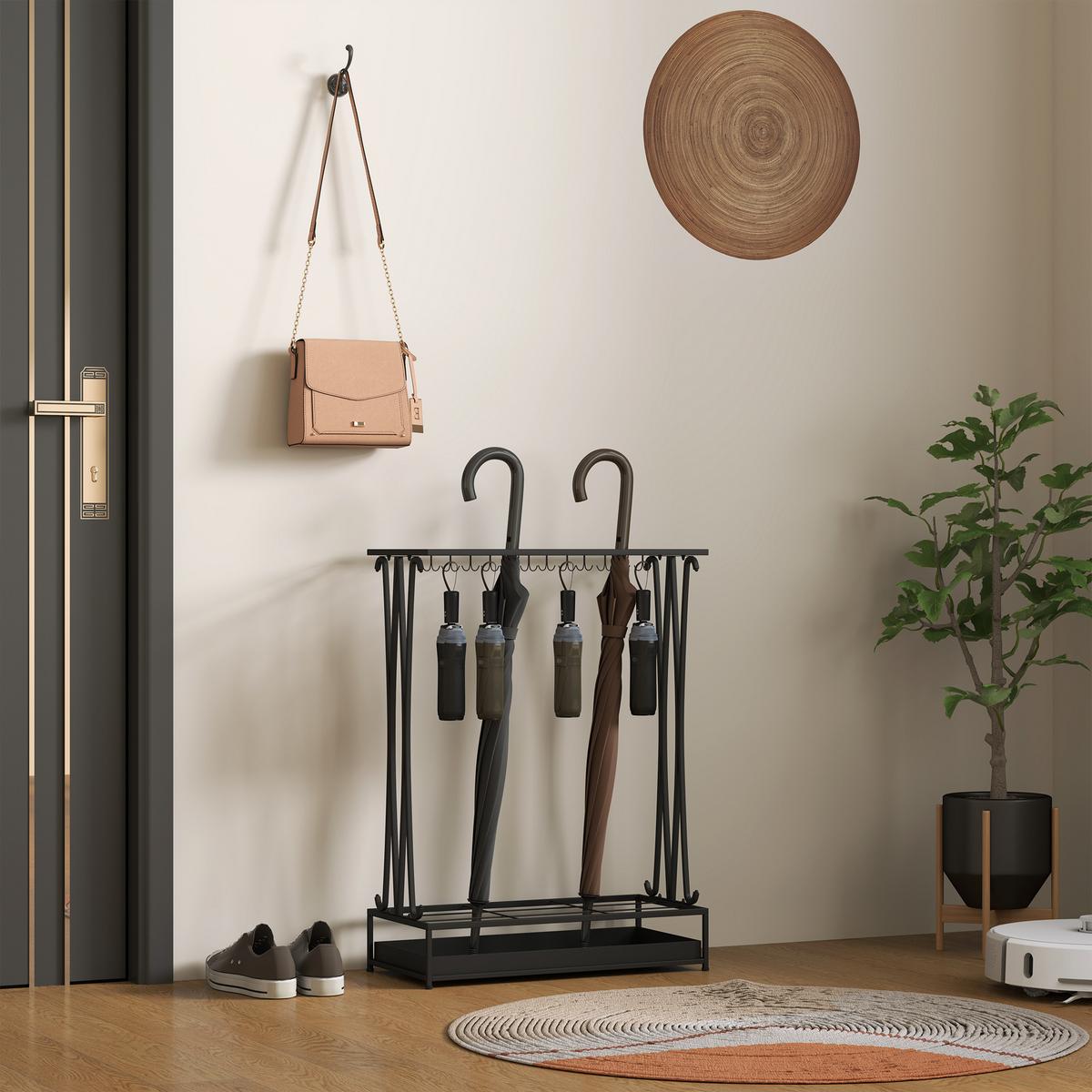 REGENSCHIRMSTÄNDER mit 24 Haken, 21 Löchern, 50 x 24 x 68 cm, Schwarz - Schwarz, Metall (24/68/50cm) - HOMCOM