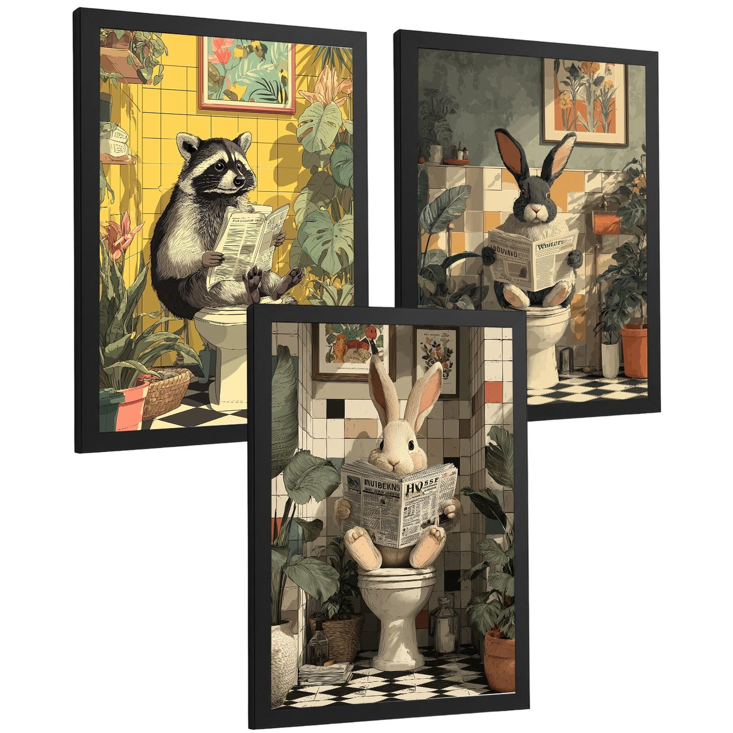 POSTER 3er-Set Tierdrucke im Badezimmer, lustige Waschbär Kaninchen-Dekorationsbilder im modernen Vintage-Stil für und Toilette Schwarzer Rahmen A4 - Schwarz, Papier (29.7/21/3cm) - Nacnic