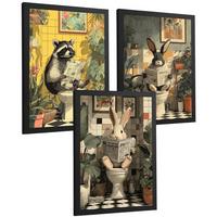 POSTER 3er-Set Tierdrucke im Badezimmer, lustige Waschbär Kaninchen-Dekorationsbilder im modernen Vintage-Stil für und Toilette Schwarzer Rahmen A4 - Schwarz, Papier (29.7/21/3cm) - Nacnic