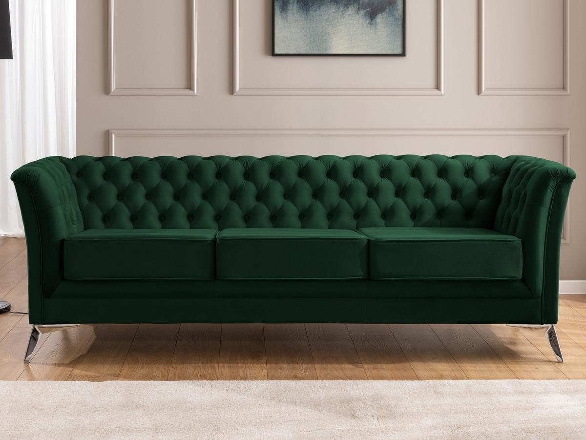 CHESTERFIELD-SOFA 3-sitzer Whitby Flaschengrün Samt mit silbernen Füßen - Dunkelgrün/Silberfarben, Holz/Textil (237/78/82cm) - S-Style Möbel
