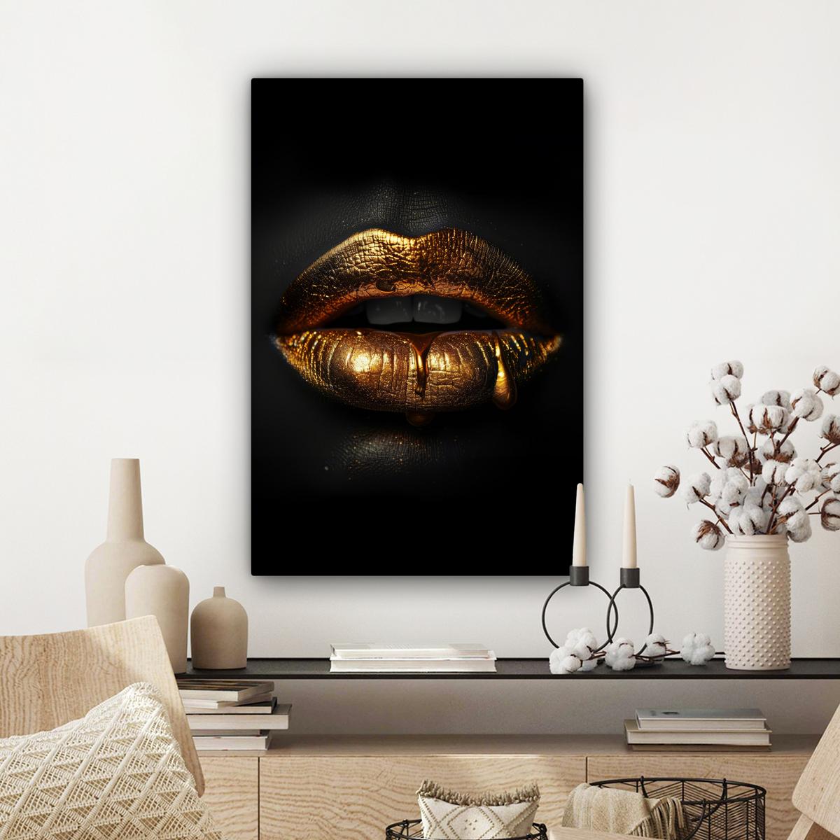 LEINWANDBILD Frau - Porträt - Lippen - Gold - Schwarz Wanddeko 40x60 cm - Schwarz, Textil (40/60cm) - MuchoWow