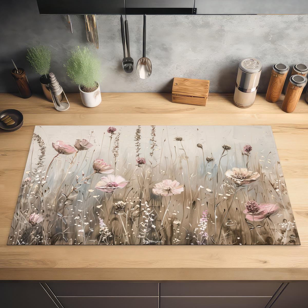 HERDABDECKPLATTE Blumen - Beige - Trockenblumen Induktionsschutz 89.6x51.6 cm - Beige, Kunststoff (89.6/51.6/0.2cm) - MuchoWow