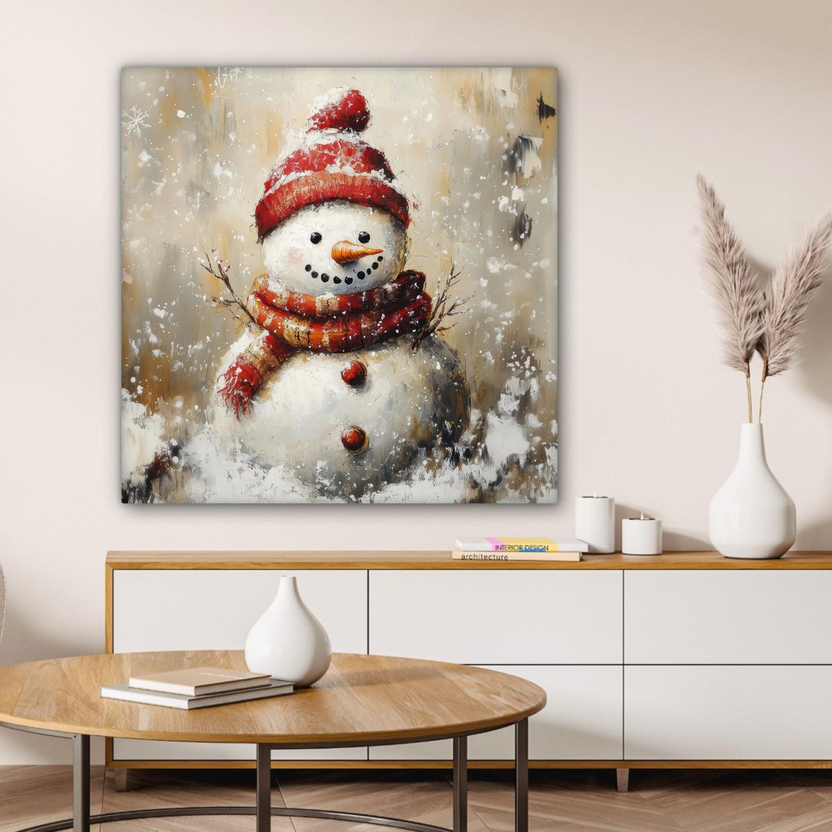 LEINWANDBILD Schneemann - Winter - Schnee - Beige Deko Groß 90x90 cm - Weiß, Textil (90/90cm) - MuchoWow