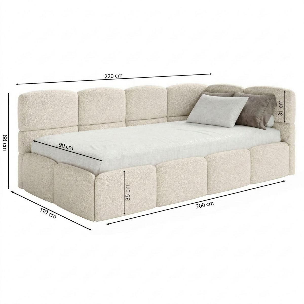JUGENDBETT Cloudy Hellgrau 90x200 cm, mit Matratze, Kopfteil links, Samt - Hellgrau/Schwarz, Kunststoff/Textil (90/200cm) - Selsey