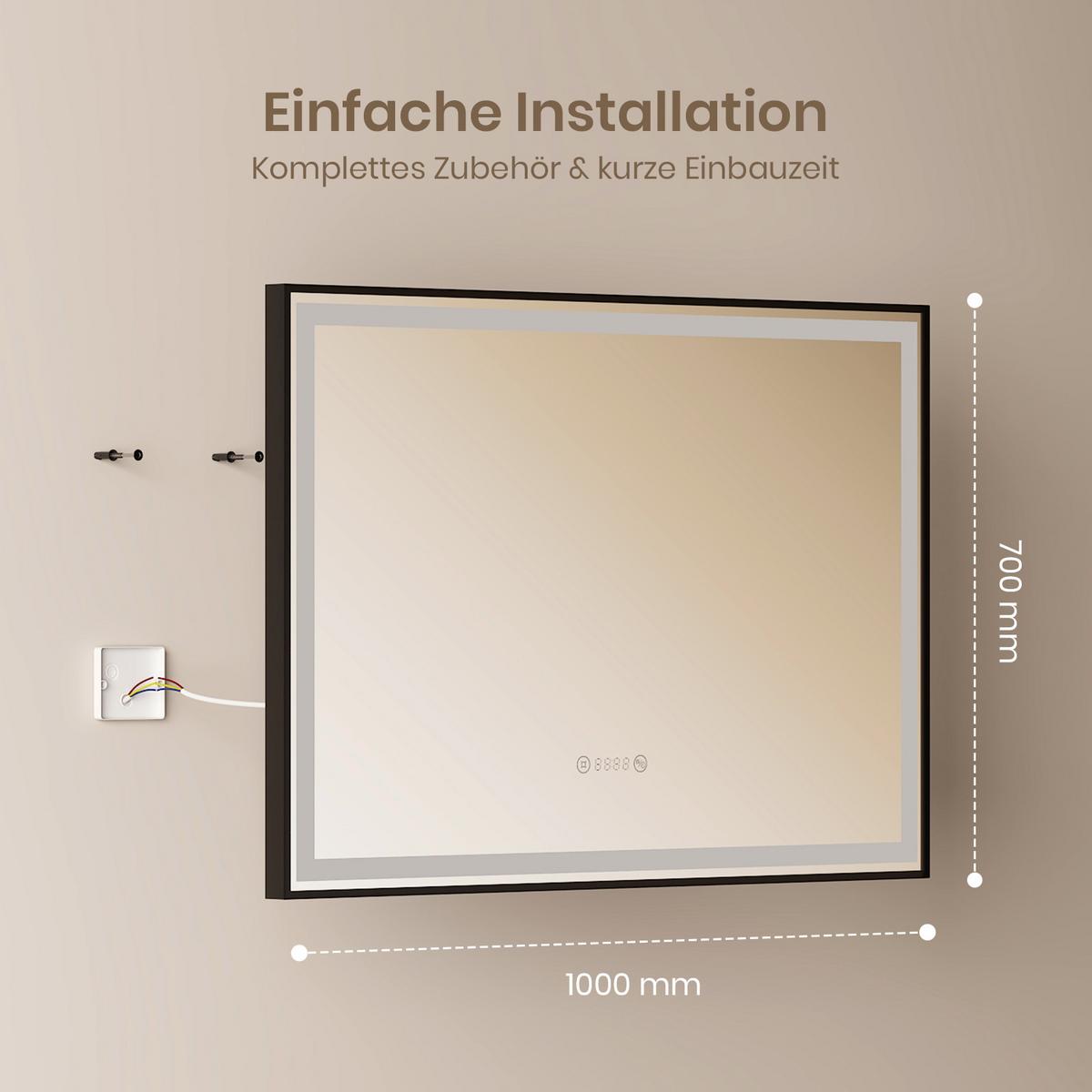 BADSPIEGEL mit Beleuchtung Schwarzer Rahmen 100/70 cm - Schwarz, Glas (100/70/3.5cm) - EMKE