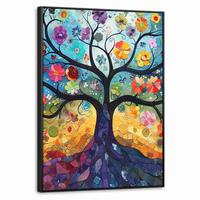 LEINWAND Bilder mit Rahmen - Kunst - Baum des Lebens - Blumen - Hippie - 70x100 - Dunkelblau, Textil (70/100cm) - MuchoWow