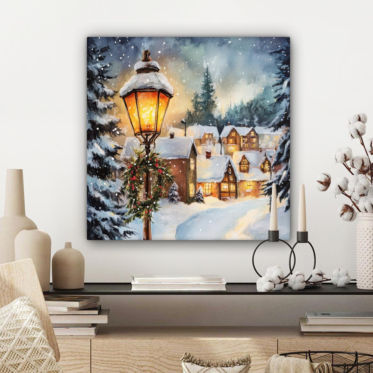 LEINWANDBILD Weihnachtsdorf - Häuser - Schnee - Weihnachten Wandbild Wohnzimmer 50x50 cm - Sandfarben, Textil (50/50cm) - MuchoWow