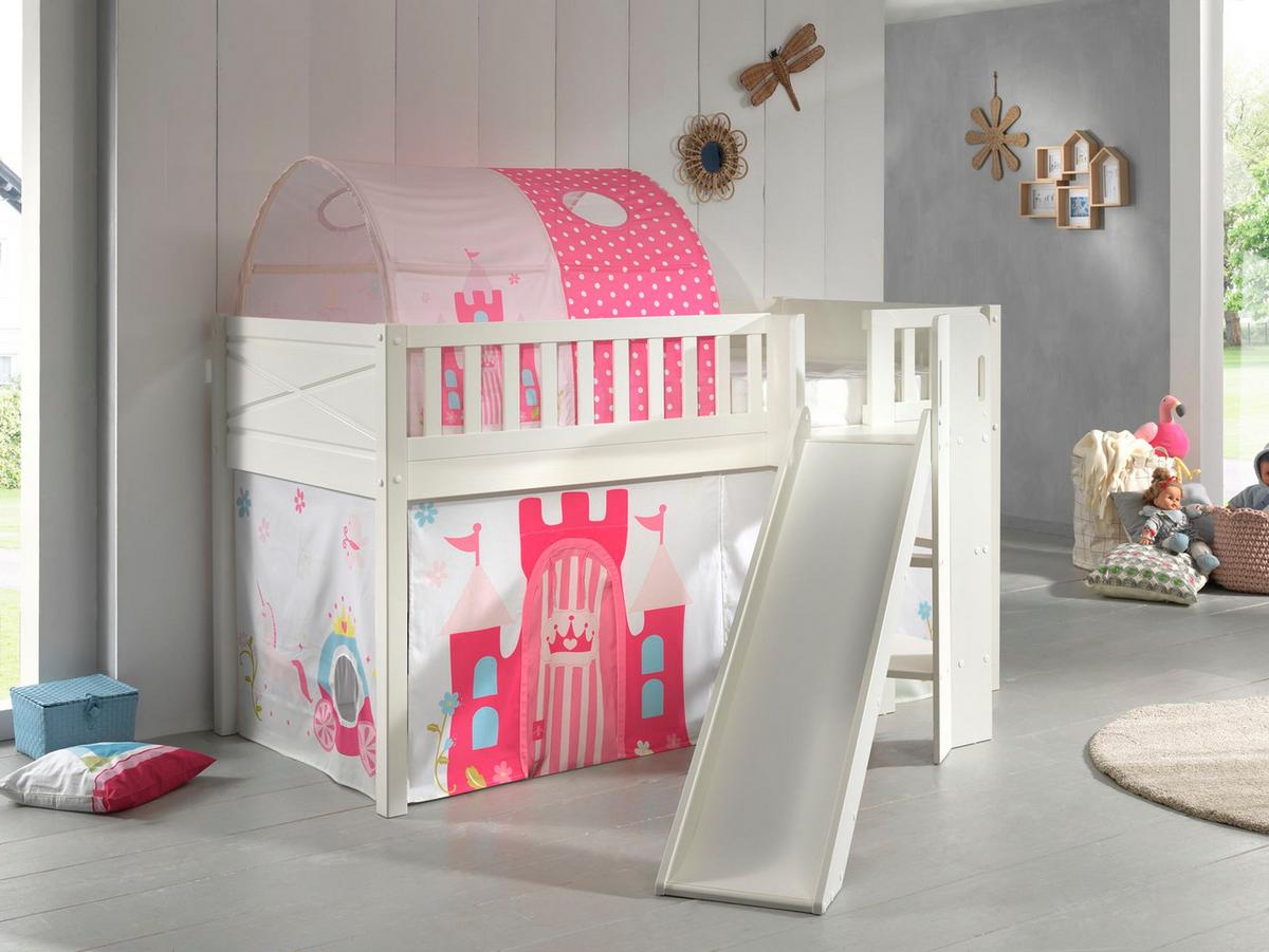HOCHBETT mit Rutsche Karyl Massivholz Weiß Textilset Princess 2 - Magenta/Weiß, Holz (90/200cm) - 58aufmkessel