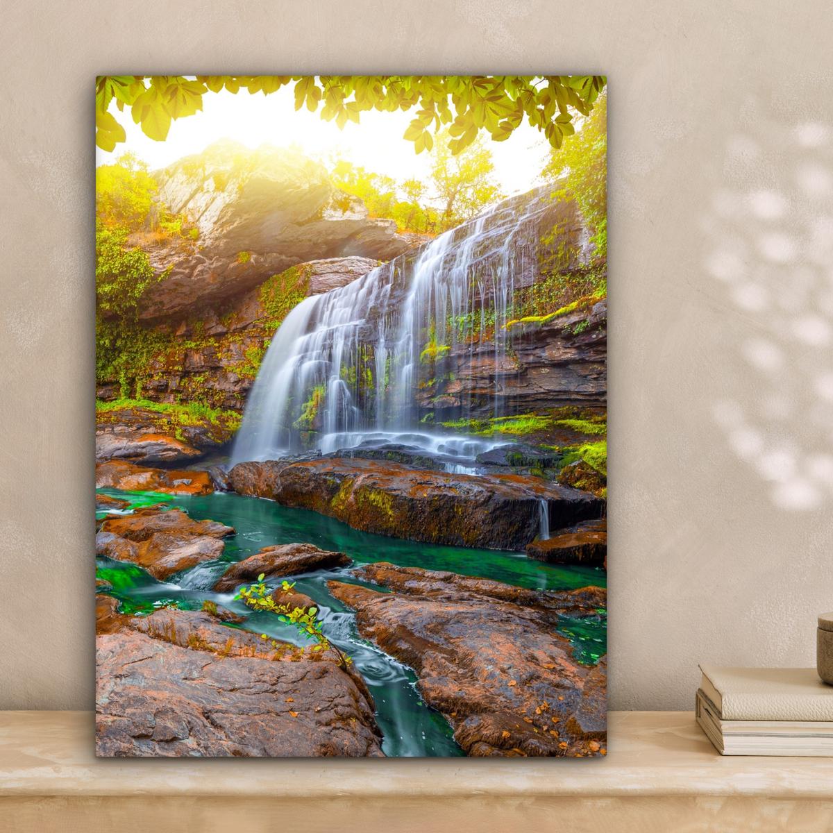 LEINWANDBILD Natur - Wasserfall - Pflanzen - Bäume - Sonne Room Decor 30x40 cm - Olivgrün, Textil (30/40cm) - MuchoWow