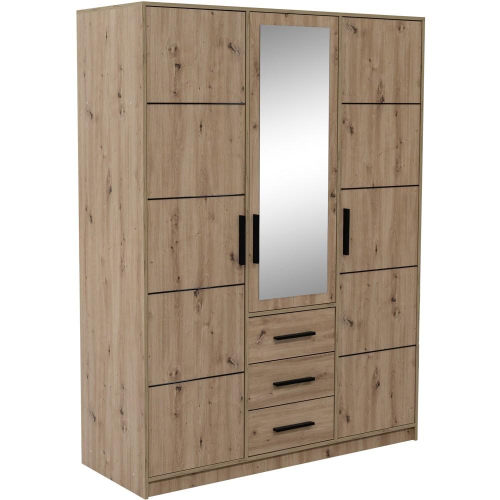 DREHTÜRENSCHRANK Kavo mit Spiegel und 3 Türen, eiche Artisan - Schwarz/Eiche Artisan, Holzwerkstoff (150/200/58cm) - Beautysofa