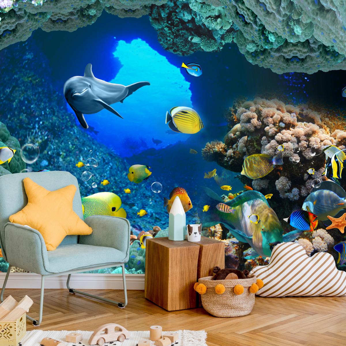 FOTOTAPETE für Badezimmer Unterwasser Korallenriffe Fische 350x256 - Türkis/Blau, Papier (350/256cm) - Muralo