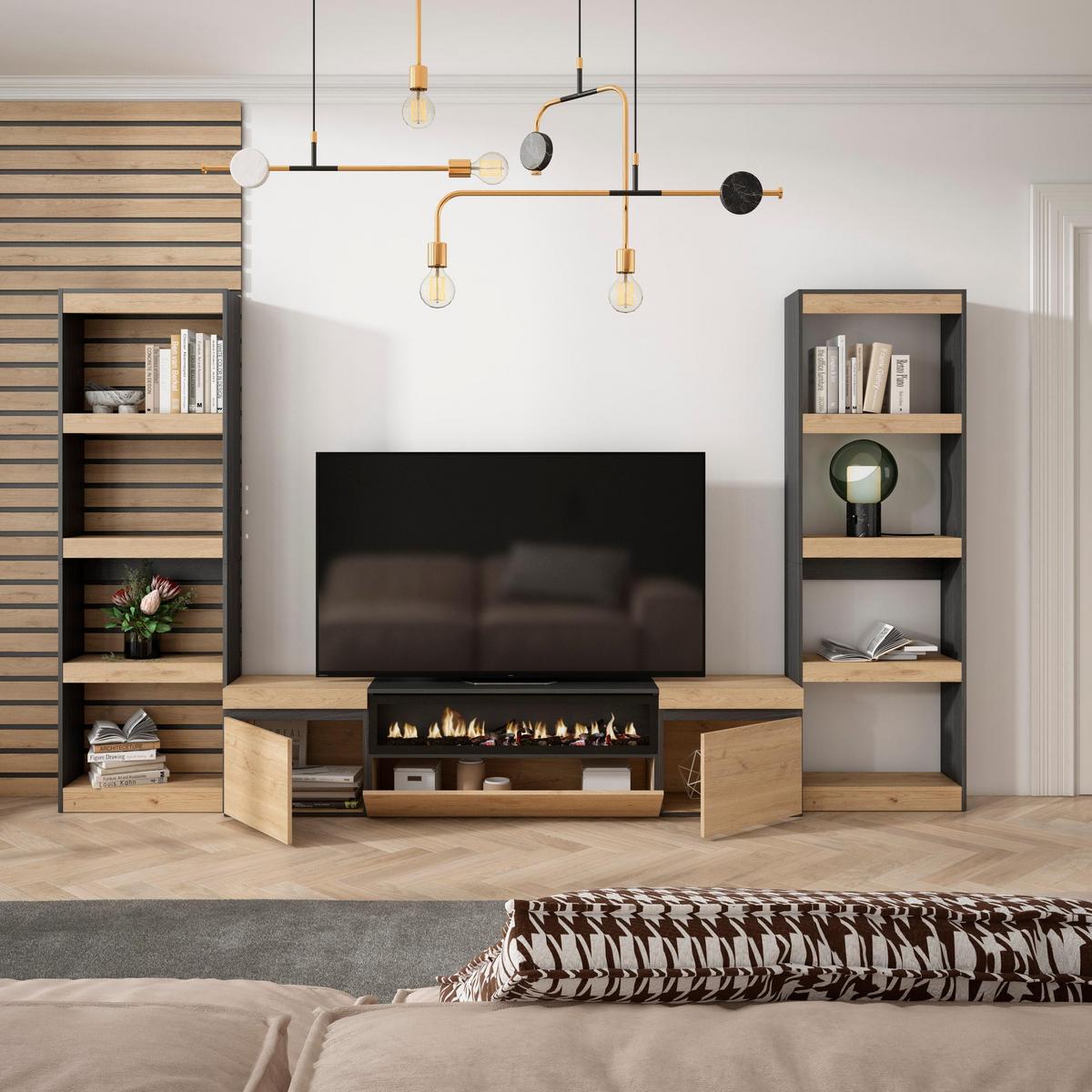 WOHNWAND Elektrokamin, eiche, schwarz, 320/35/186cm - Eichefarben/Beige, Holzwerkstoff (320/186/35cm) - Skraut Home