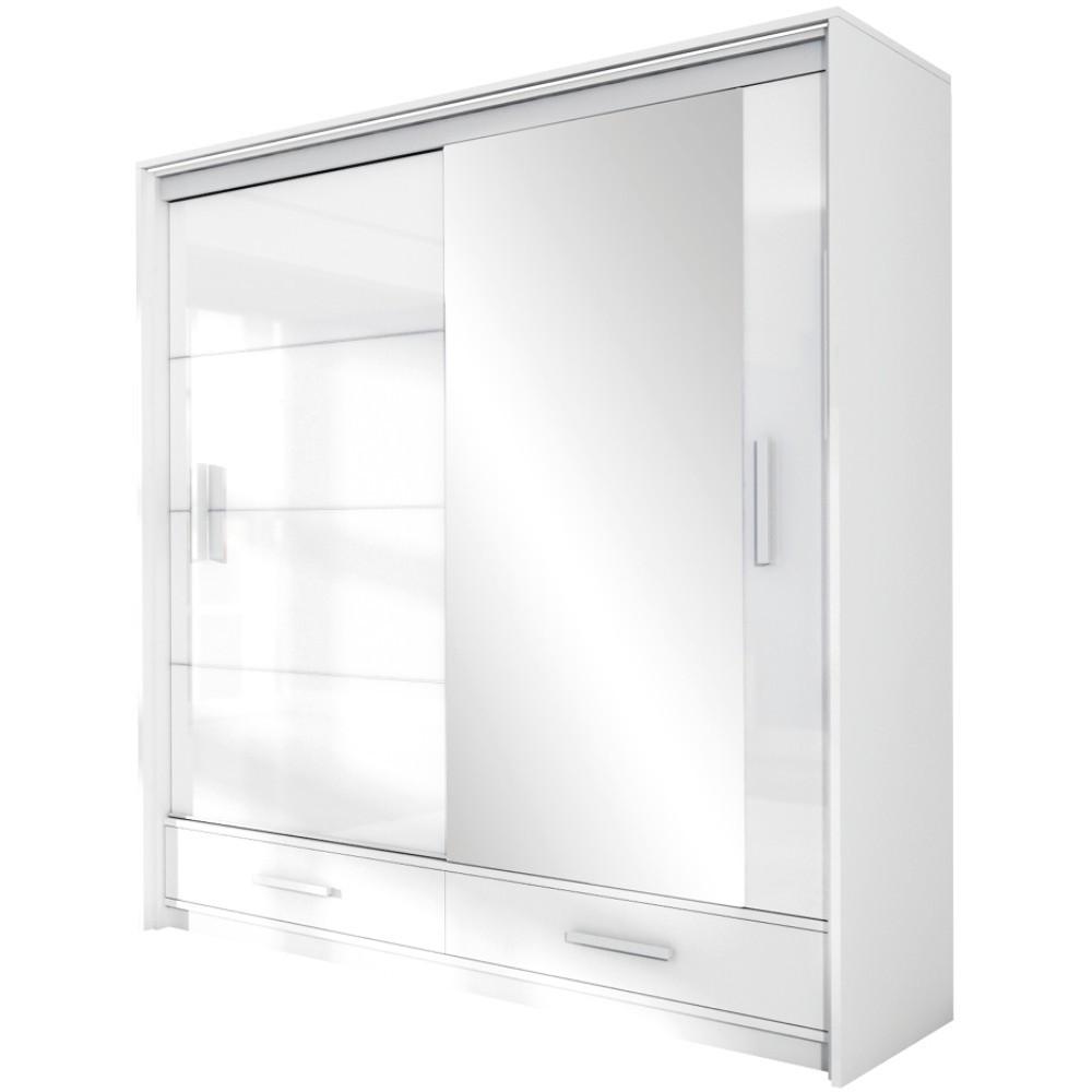 SCHWEBETÜRENSCHRANK Marsylia mit Spiegel und Schubladen, Weiß, 208 cm - Weiß Hochglanz/Weiß, Holzwerkstoff (208/225/61cm) - Beautysofa