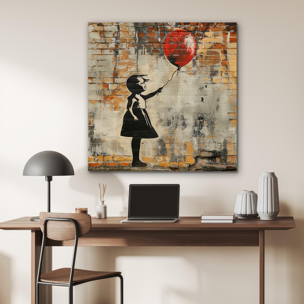 METALLBILD Graffiti - Banksy - Mädchen - Straßenkunst 90x90 cm - Sandfarben, Metall (90/90cm) - MuchoWow