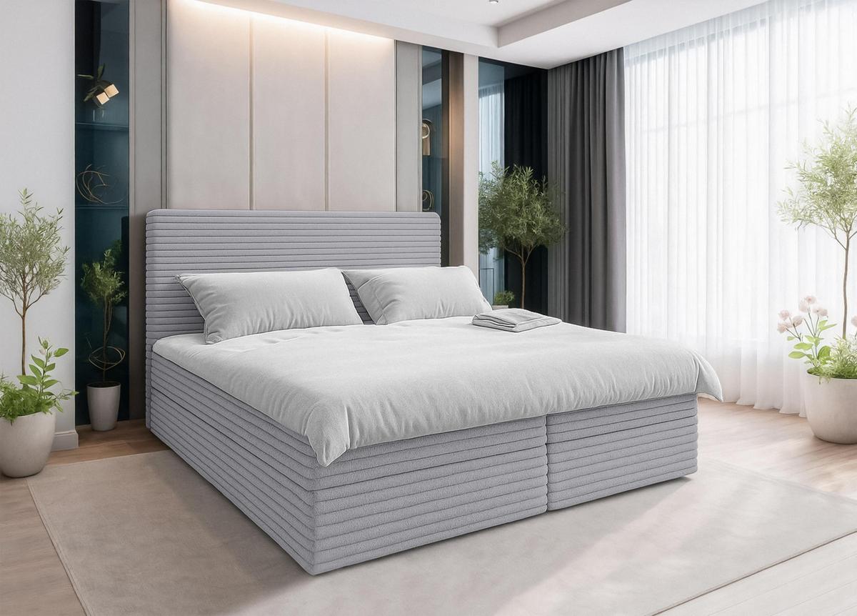 BOXBETT SEVDAYLA 180x200 cm mit Bettkasten und Matratze - Hellgrau + TOPPER - Hellgrau/Schwarz, Holz/Holzwerkstoff (180/200cm) - AX Living