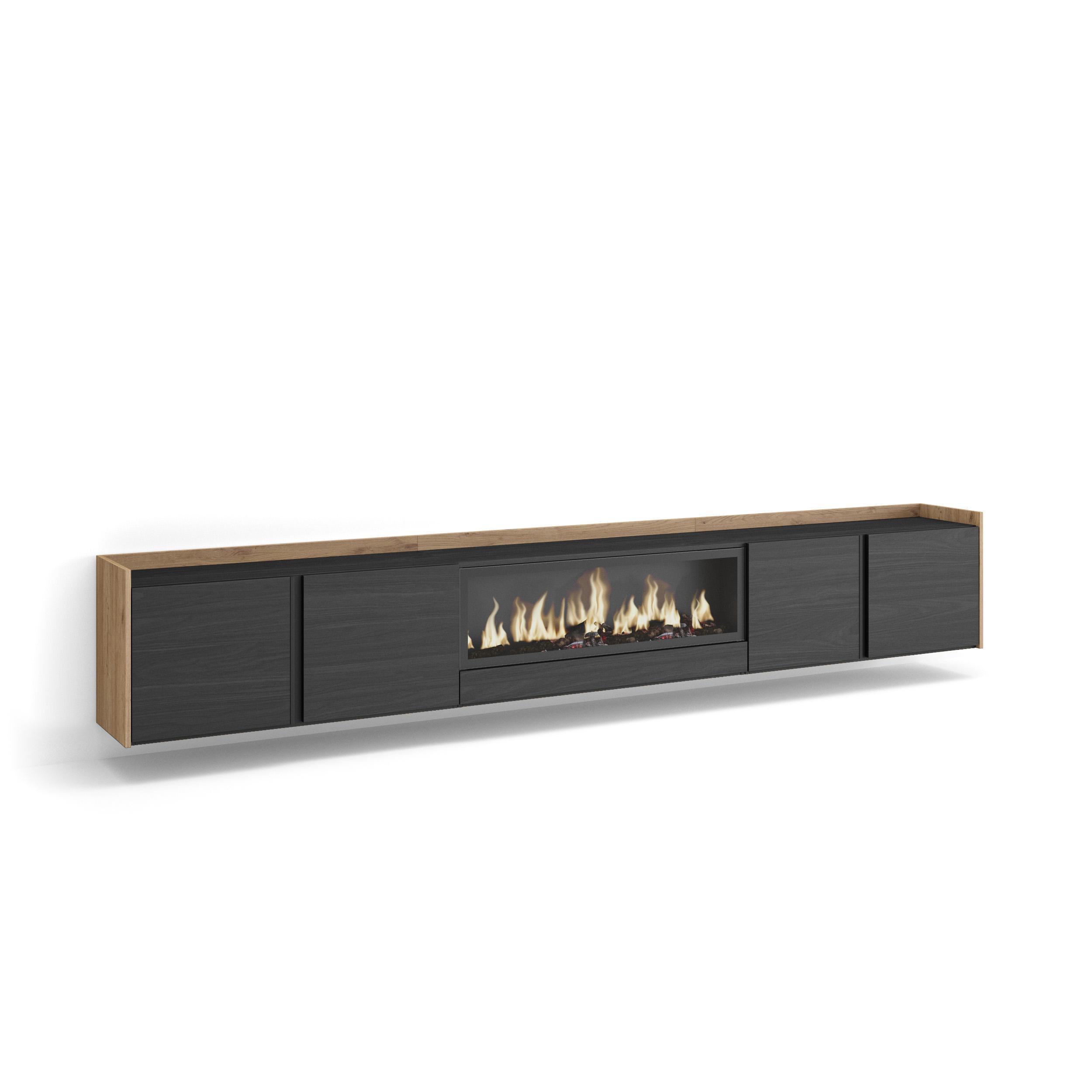 LOWBOARD, Schwarz und Eiche, 315/35/50cm, Kamin mit Feuereffekt XXL - Schwarz, Holzwerkstoff (315/50/35cm) - Skraut Home