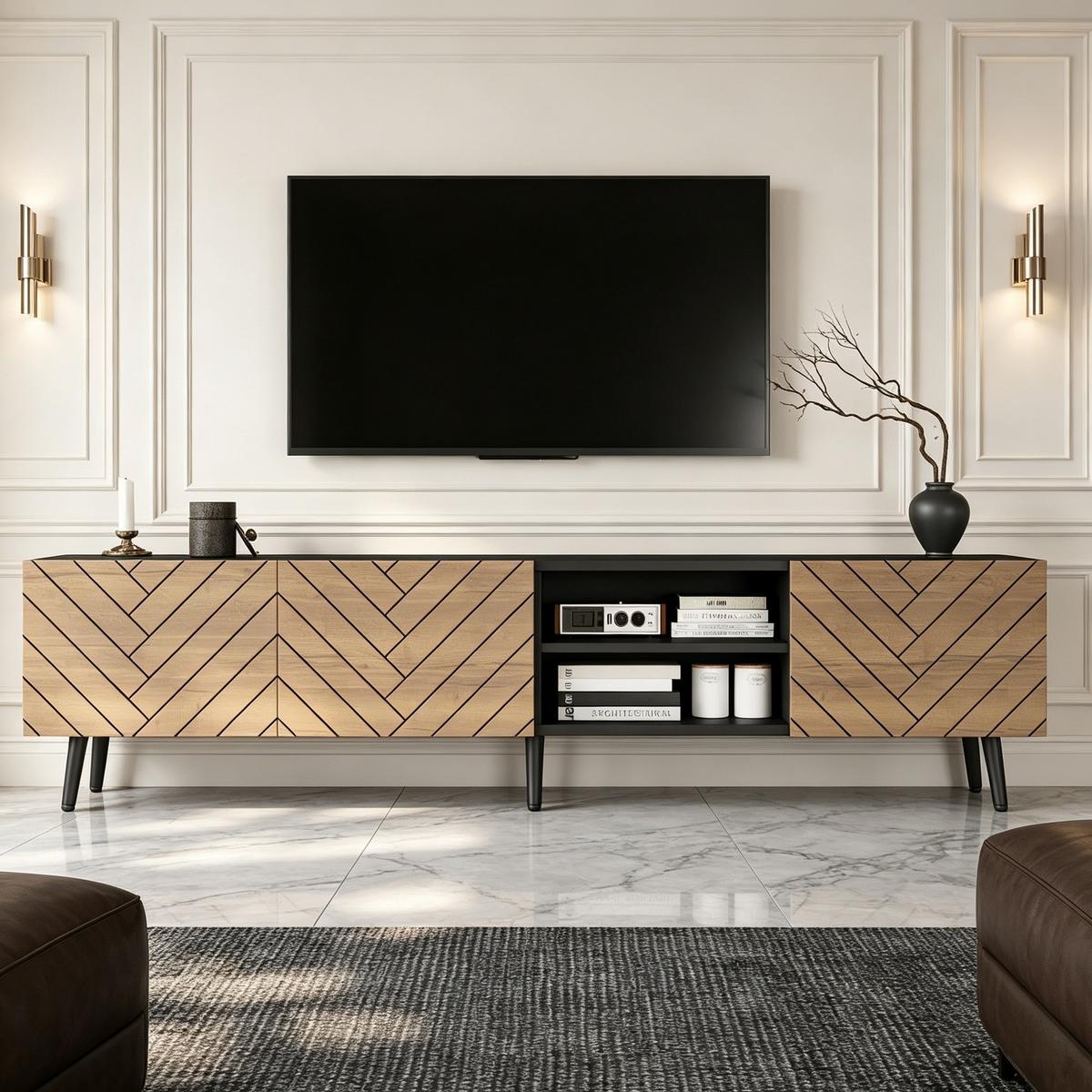 TV-LOWBOARD 180cm Schwarz & Holzoptik für 75 Zoll TV, 3 Türen & Kabelmanagement - Naturfarben, Holzwerkstoff (180/45/33.5cm) - Urban Meuble