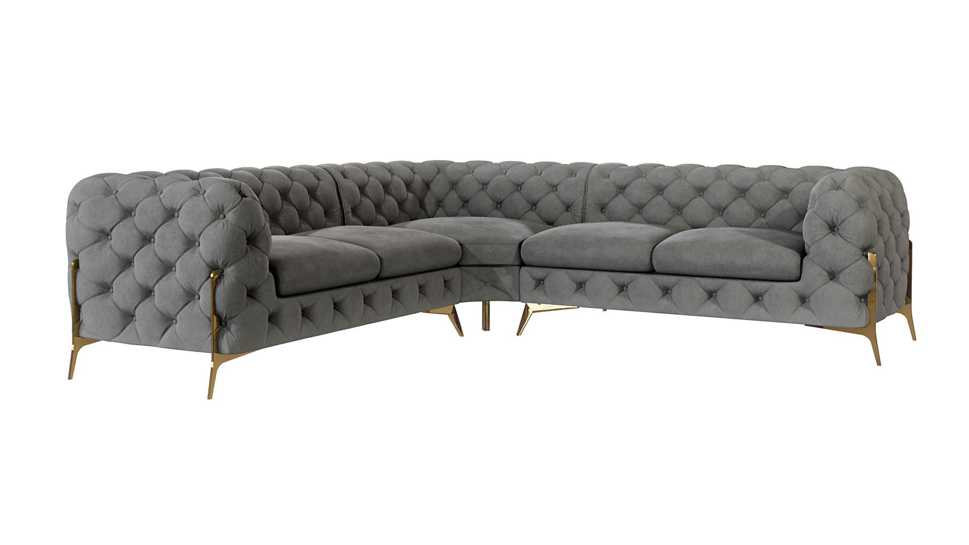 ECKSOFA Chesterfield Lexi Grau Samt - Goldfarben/Grau, Holz/Textil (264/264cm) - S-Style